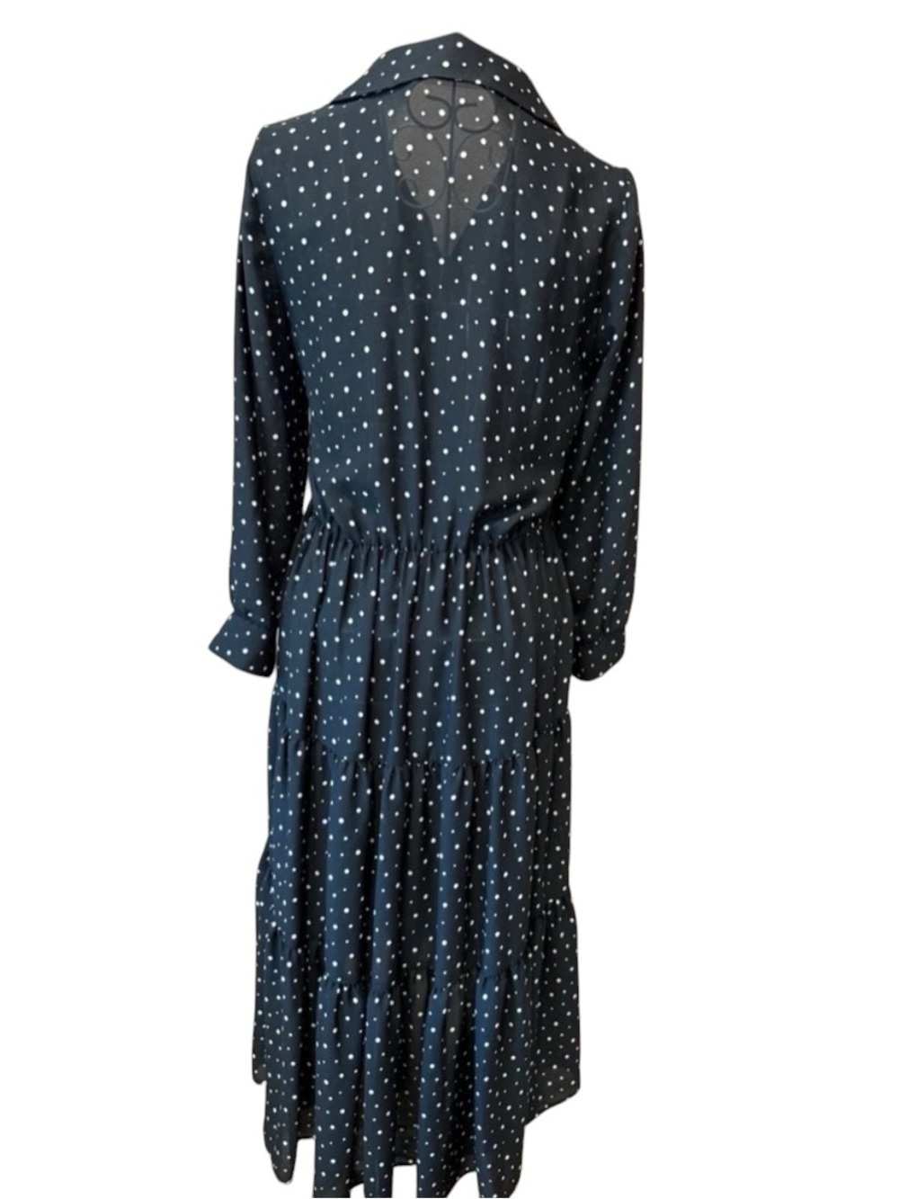 Zara Polka Dot Midi Dress Long Sleeve Tiered Skirt Collared Shirtdress Black S - Picture 2 of 5